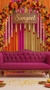 Wedding Invitation Sangeet Stage Decoration with Sofa and Floral Arch Template Background