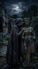 Fototapeta premium Hooded Figure Whispering Secrets to a Statue at Night