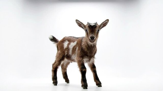 Cute baby goat jumping on white
