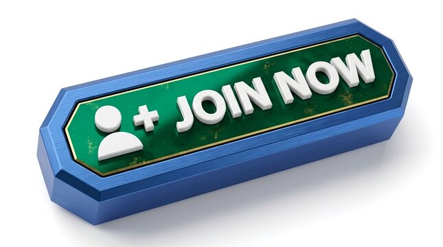 Join now button with three dimensional icon for website registration and community subscription isolated on a clean white background