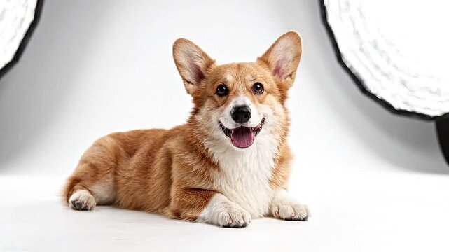 Happy corgi dog panting on white