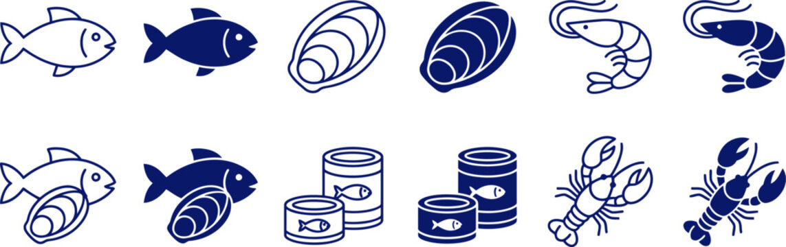Seafood icons including fish shellfish and crustaceans in blue line art on white background