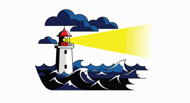 Illustration of a white lighthouse with a red roof emitting a yellow beam through dark blue stormy clouds and waves on a white background.