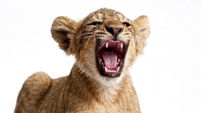 Cute lion cub roaring loudly closeup