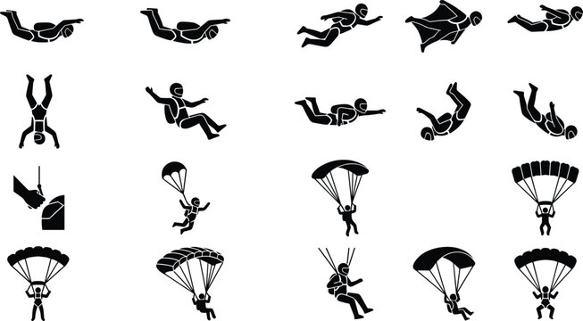 Black Silhouette Skydiving and Parachute Icon Set Vector Illustration Showing Freefall Wingsuit Landing and Various Skydiver Pose Designs