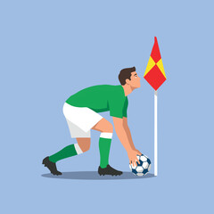 Soccer Player Placing Ball at Corner Flag Preparing for Corner Kick Flat Vector Illustration © Yin
