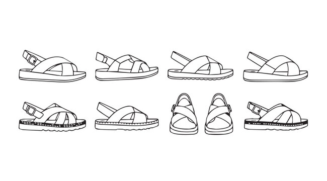 Collection of sandal designs with various straps and soles for footwear design concepts
