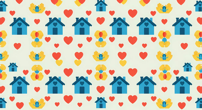 Community and Care Seamless Pattern with Houses and Hearts