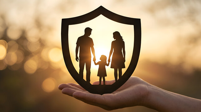A caring hand cradles a shield encompassing a family silhouette against a radiant sunset, symbolizing robust life insurance, security, and dedicated family protection for future wellbeing