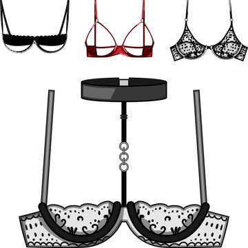 Various types of sensual women's intimate apparel, including open cup bras, harness bra, and sheer lace designs, conveying concepts of femininity, desire, and elegance