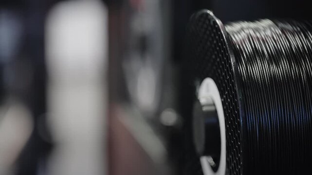 Black 3D printer filament spool feeding plastic material during additive manufacturing. Industrial production process for prototyping, engineering and product development.