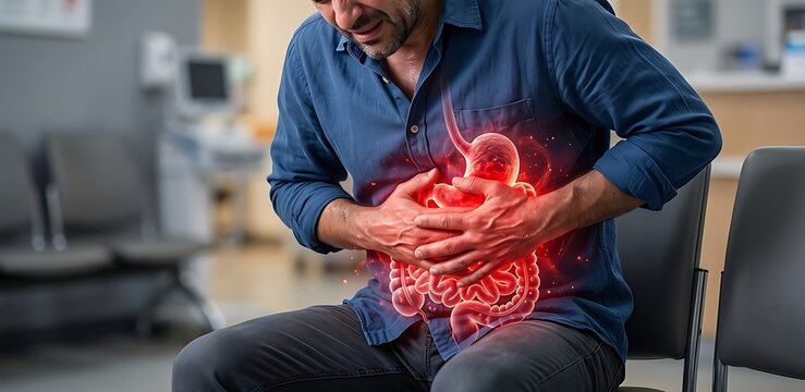 Man experiencing severe stomach pain and digestive distress, holding his abdomen in a doctor's waiting room with glowing internal organs illustration.