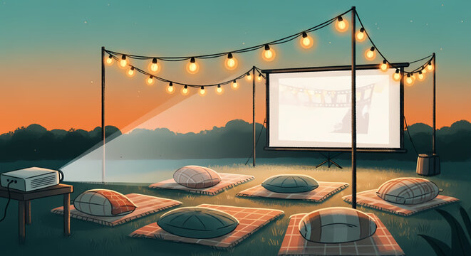 Outdoor summer evening movie night setup