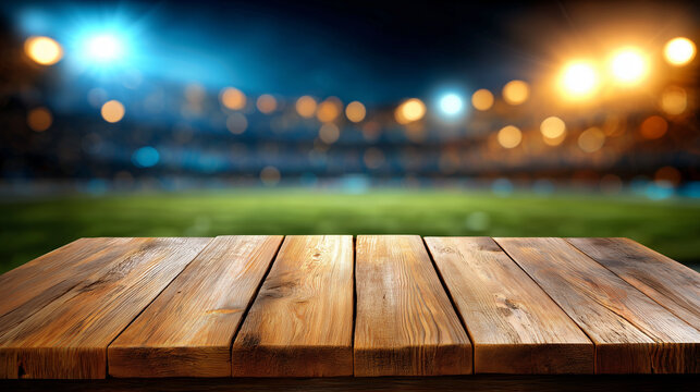 Empty wooden table top with blurred football stadium lights background
