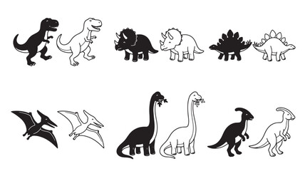 Dinosaur Silhouettes Set of Various Cartoon Triceratops, Brontosaurus, Stegosaurus and Pterodactyl Icons on White Background © Olise