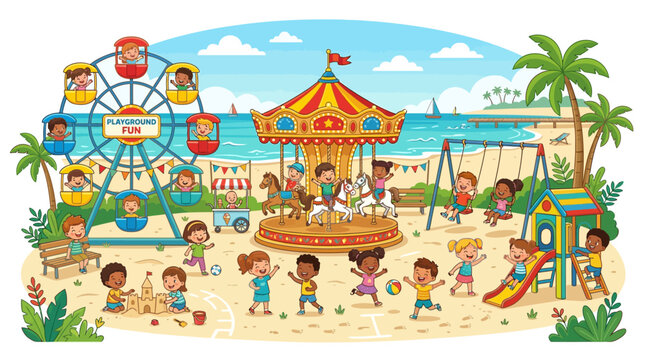 Children playing on beach amusement park fun ride carousel