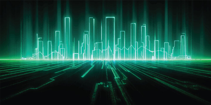 Abstract blue digital background with binary code and glowing line waves showing data graph finance and heartbeat ECG concept pattern