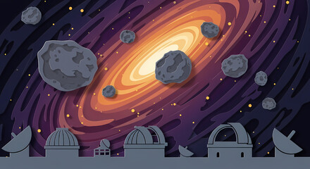 Obraz premium Observatory and Asteroids in Space for Asteroid Day