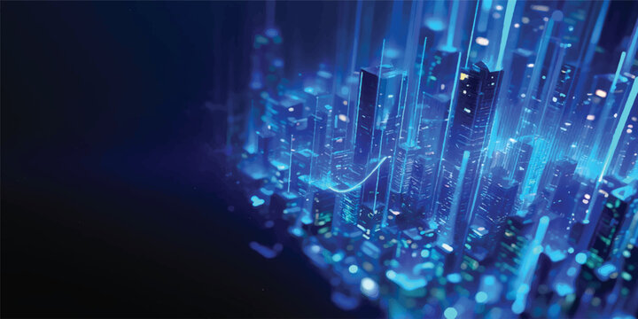 A digital network backdrop of blue fiber optics glowing with bright light spots, symbolizing data communication, science, and modern internet technology