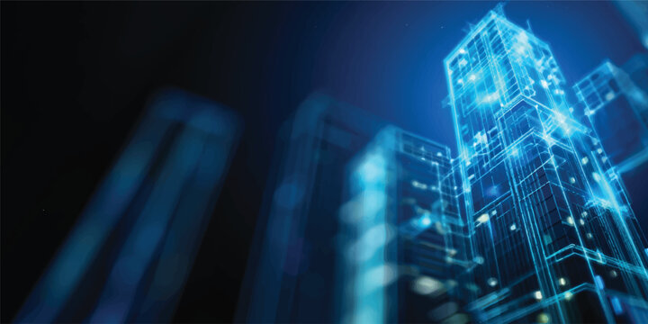 An abstract blue and light background with rays creates a futuristic digital technology design featuring a matrix pattern of data for modern internet business communication
