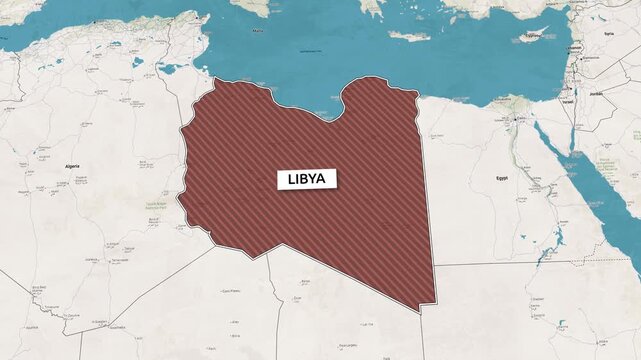 Borders of the state of Libya on the map. Country Libya on the map is highlighted by a polygonal border. Map animation. From above zooming in with panoramic view