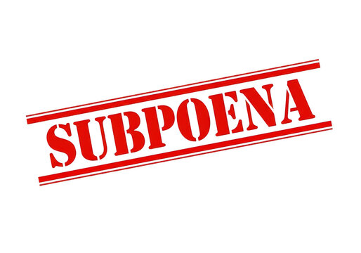Red rectangular rubber stamp with the word subpoena in bold capital letters featuring a distressed ink texture for legal documents and court orders isolated on a transparent background