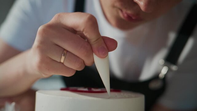 Close-up of a baker decorating a cake with precision. Person focuses intently on details, showing calm concentration. White cake has red design beneath piping tip. Ideal for food blogs, recipe videos
