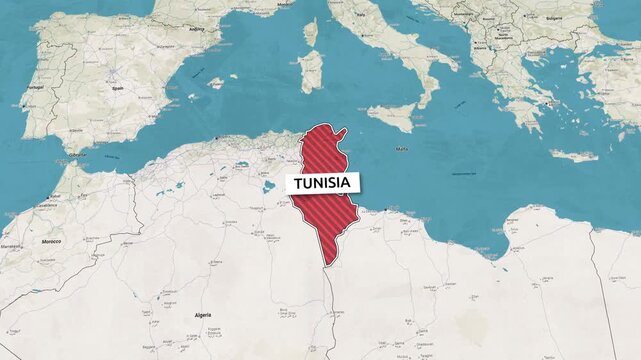 Borders of the state of Tunisia on the map. Country Tunisia on the map is highlighted by a polygonal border. Map animation. From above zooming in with panoramic view