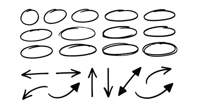 Collection of hand-drawn circles, ovals, and various arrow shapes in black ink on a transparent checkered background.
