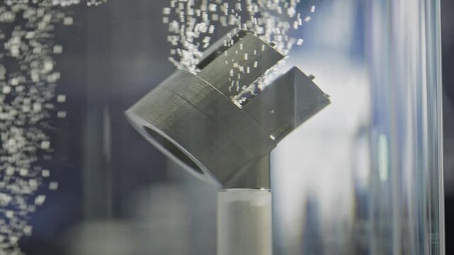 Water flow testing around an industrial engineering component inside a transparent chamber. Demonstration of fluid dynamics, product development and manufacturing research.