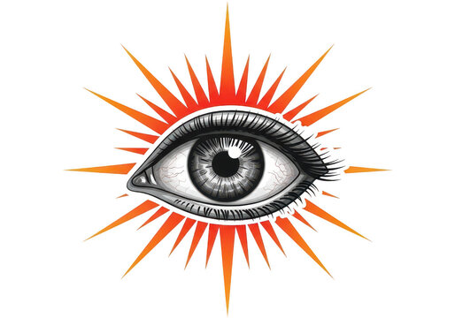 Stylized human eye with radiant orange sunburst rays for mystical symbolism and visionary concept on white background isolated on a transparent background