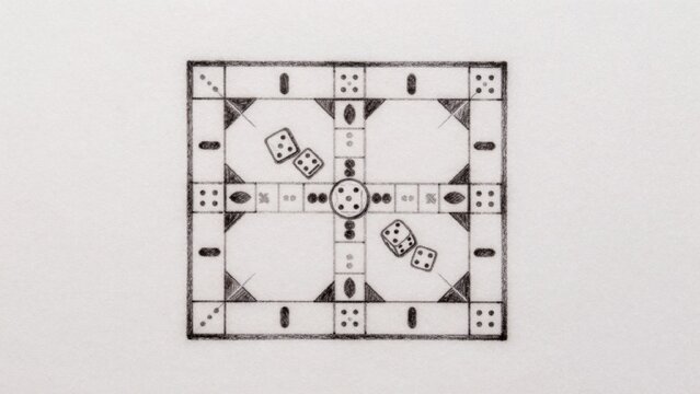 Black-and-white drawing square-shaped board game divided sections each distinct pattern squares rectangles arr