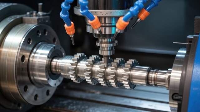 Industrial CNC milling machine cutting a complex metal gear shaft