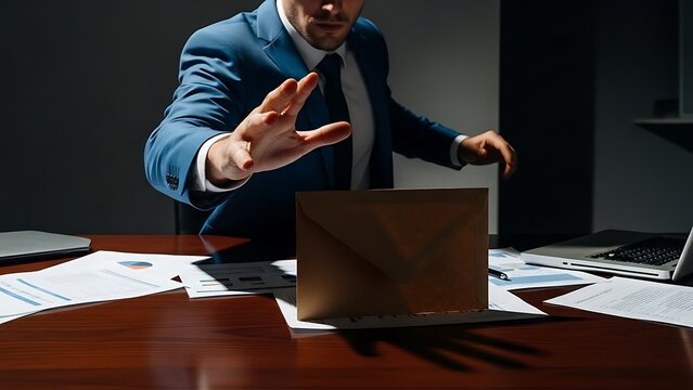 Man in suit gestures away from a gold envelope on desk with papers, dim lighting