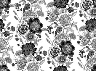 Seamless pattern. Black and white floral background. Template for creating fabrics, textiles, wallpaper, and paper. Peonies, roses, lavender. Floral garlands. Vintage graphics. Vector. © marinavorona