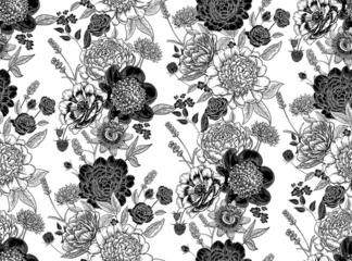 Seamless pattern. Black and white floral background. Template for creating fabrics, textiles, wallpaper, and paper. Peonies, roses, lavender. Floral garlands. Vintage graphics. Vector. © marinavorona