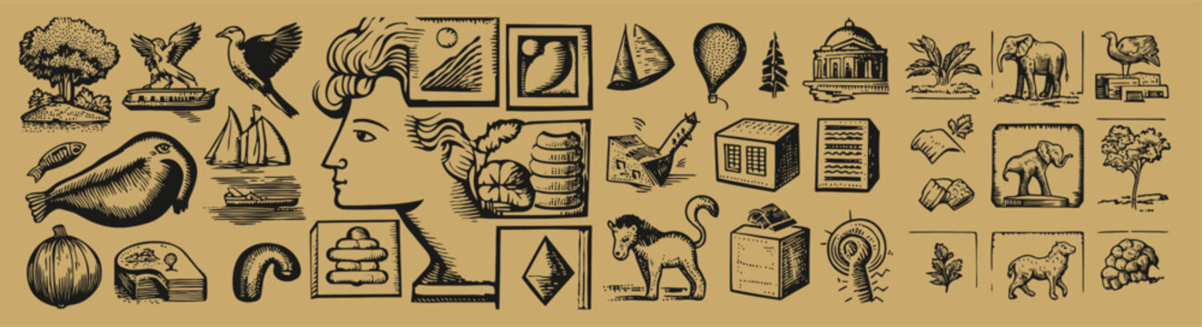 This vintage illustration collection features a variety of nature elements, animals, and artistic objects, perfect for creative projects and design inspiration.