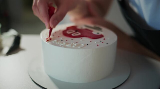 Hand decorates white cake with red icing. Artist focuses carefully on cake design. Perfect for birthday, celebration, or food-themed content