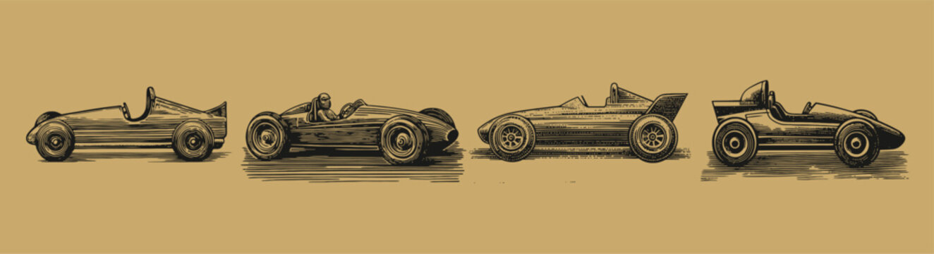 This artwork features a series of classic racing cars illustrated in a vintage style. Perfect for automotive enthusiasts and art collectors, it captures the essence of speed and design.