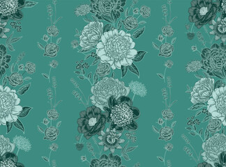 Seamless pattern with peonies, roses, and lavender. Flower green background. Template for creating fabrics, textiles, wallpaper, and paper. Floral garlands. Vintage graphics. Vector. © marinavorona