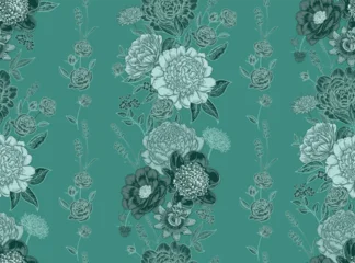 Seamless pattern with peonies, roses, and lavender. Flower green background. Template for creating fabrics, textiles, wallpaper, and paper. Floral garlands. Vintage graphics. Vector. © marinavorona