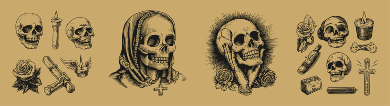 Detailed Skull Art Collection with Roses and Religious Symbols
