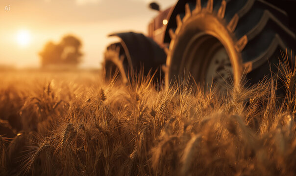 Tractor in wheat field closeup
