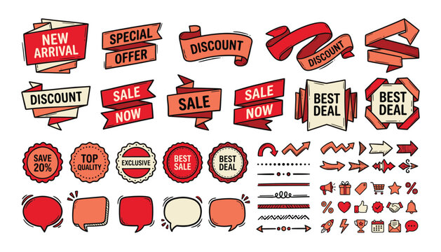 Hand drawn sale banners labels and promotion elements vector illustration
