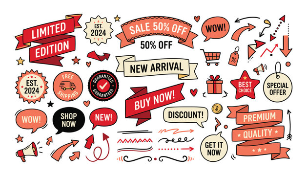 Hand drawn sale banners and promotion elements collection for marketing campaigns