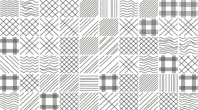 Comprehensive collection of grid based geometric line art patterns for architectural drafting and graphic design texture mapping in a professional vector tile set