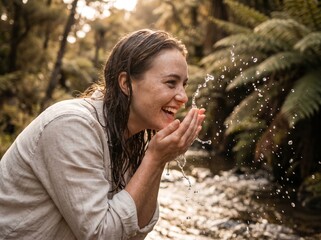 Fototapeta premium Young woman enjoying natural skincare facial treatment with water splash in outdoor forest setting