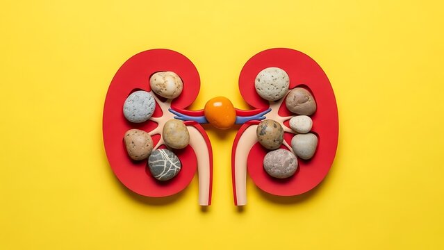 Medical illustration of kidney anatomy, stone model, and yellow background