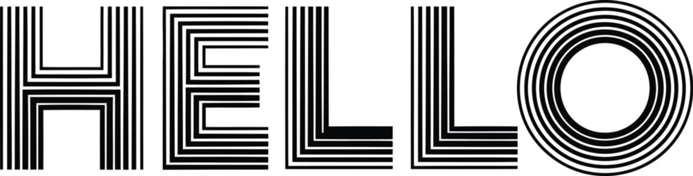 Hello word typography design made with black parallel lines and circular patterns for modern greeting card or creative graphic design project