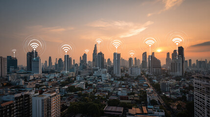 Fototapeta premium Smart city with connection network reciprocity over the cityscape social media networking systems that connects on the peak of success amid tall, innovative Smart city and graphs with statistics 